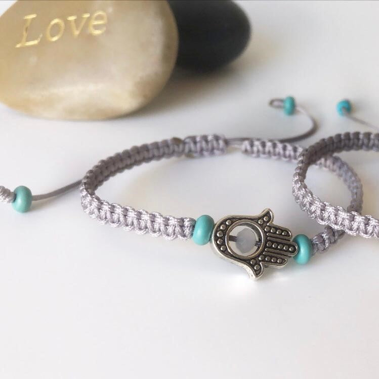 Silver Hamsa Hand Gray Cord